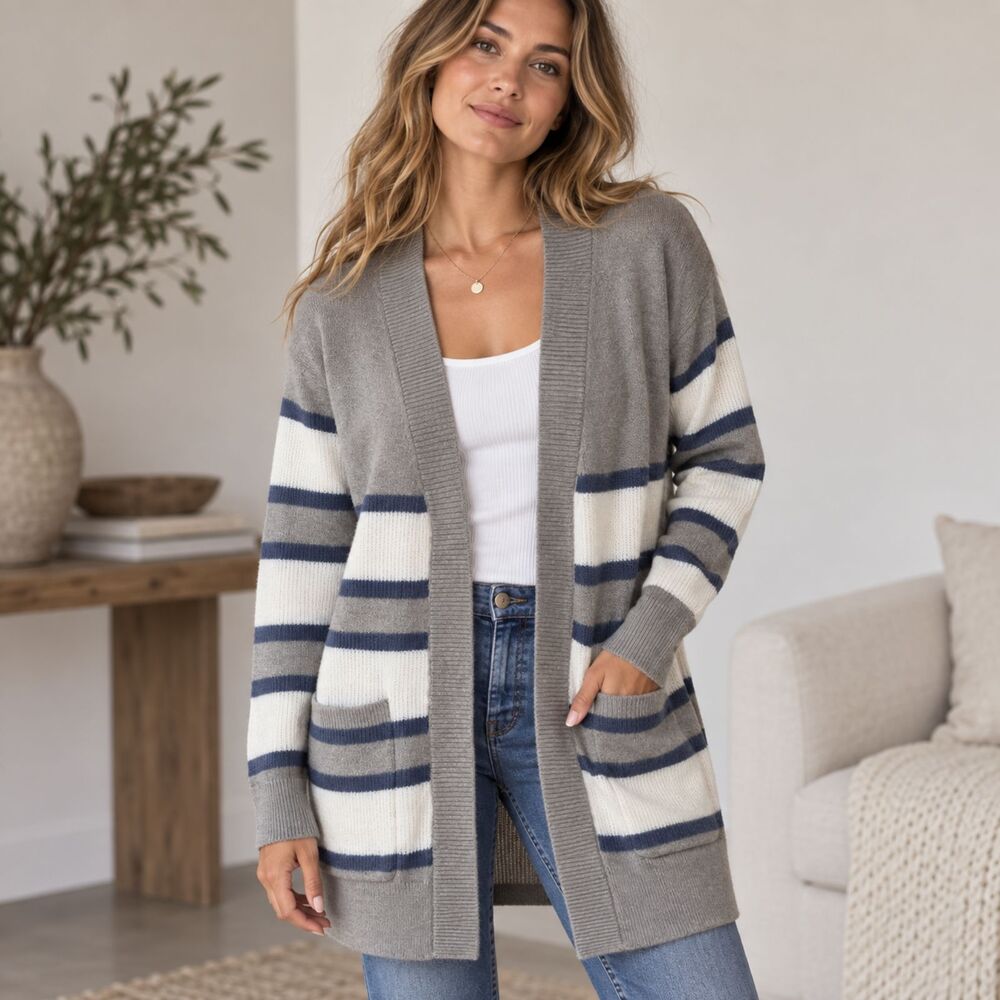 Design History Grey White Blue Button Down Cardigan Size Small NWT
